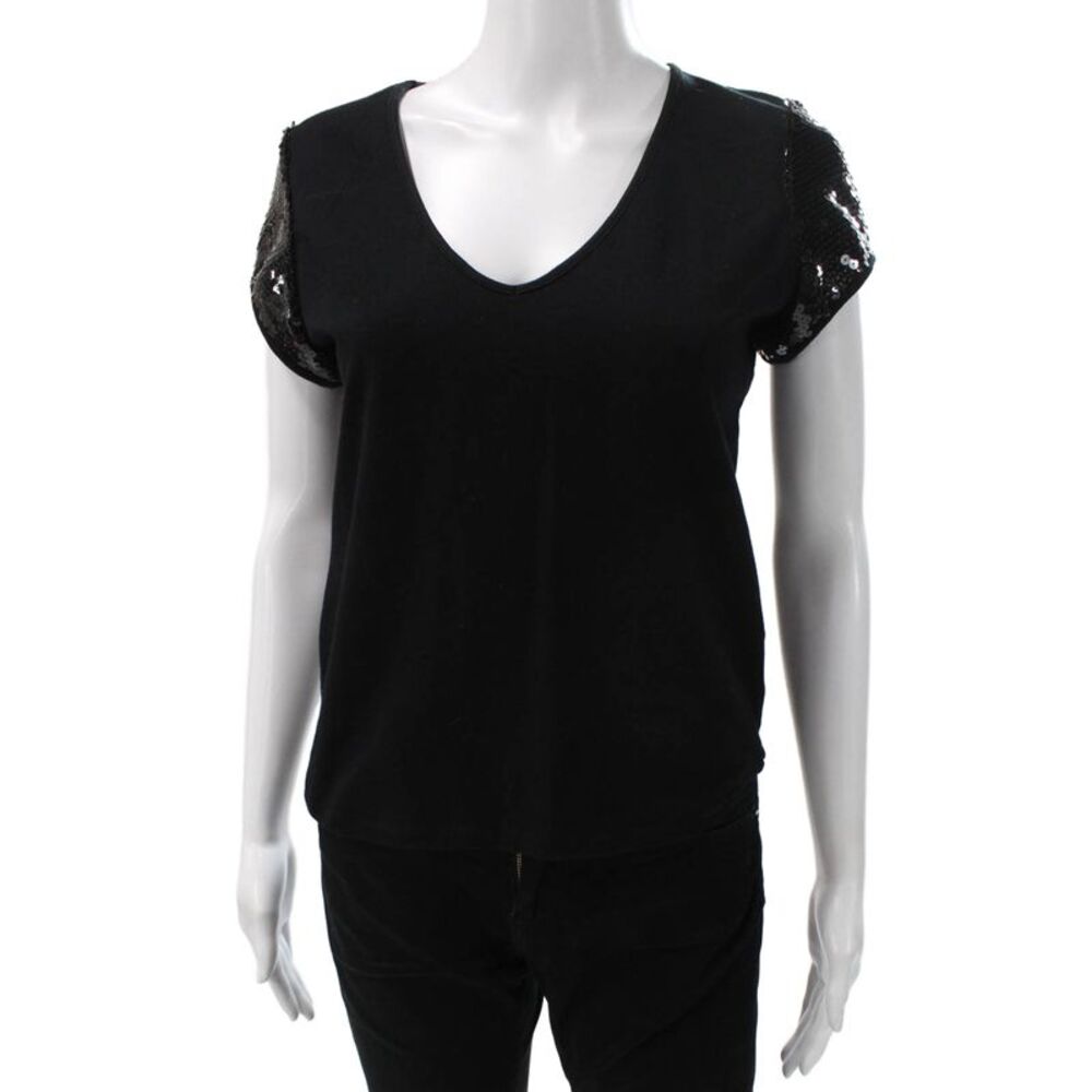 Leggiadro Women Basic V-Neck Short Sleeve Black T-Shirt Polyester Size L